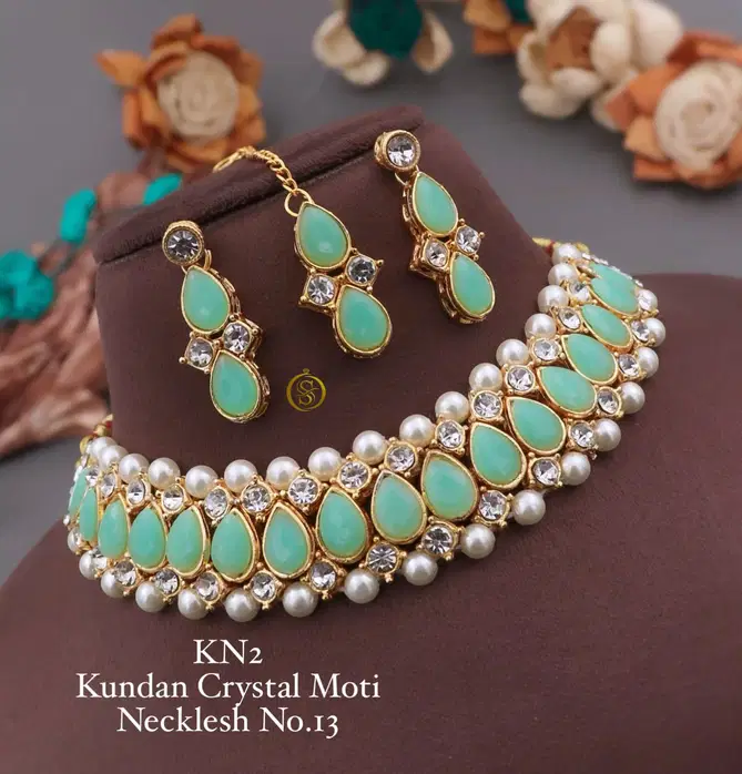 KN 12 designer Kundan Crystal Moti Necklace Set Wholesale Price In Surat
